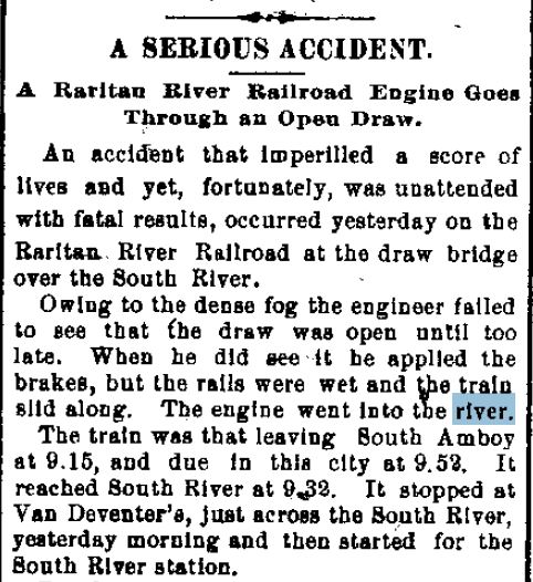 1107 The Daily Times (New Brunswick, NJ)  Thursday, November 7, 1895 Wreck - Engine goes into the South River p1